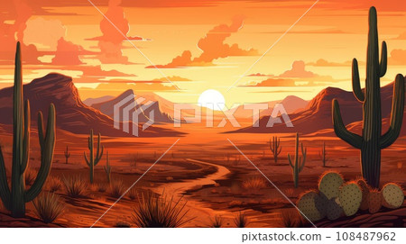 Wild Western Texas desert sunset with mountains and cactus. Generative AI Wild Western Texas desert sunset with mountains and cactus. Generative AI 108487962