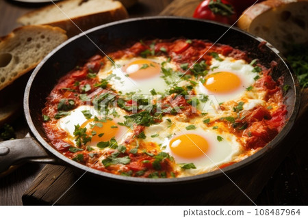 Traditional shakshuka with eggs, tomato and parsley in a iron pan. Israeli food 108487964