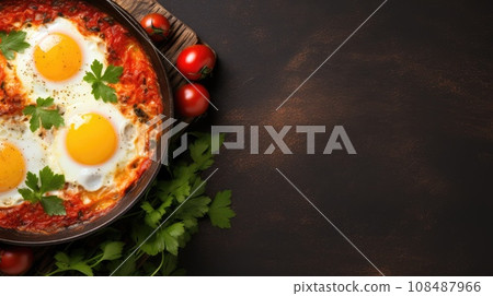Traditional shakshuka with eggs, tomato and parsley in a iron pan. Top view with copy space. Israeli food 108487966
