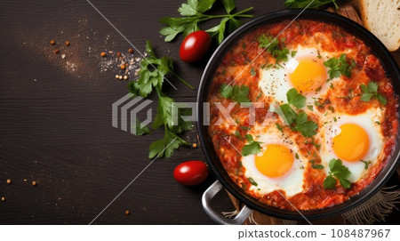Traditional shakshuka with eggs, tomato and parsley in a iron pan. Top view with copy space. Israeli food 108487967