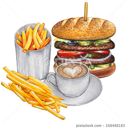 Fresh tasty burger with french fries and coffee. Watercolor illustration Fresh tasty burger with french fries and coffee. Watercolor illustration 108488183