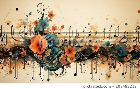 Abstract colorful musical background with notes, instruments. Abstract colorful musical background with notes, instruments. 108488212