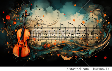 Abstract colorful musical background with notes, instruments. 108488214