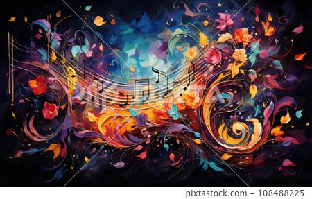 Abstract colorful musical background with notes, instruments. Abstract colorful musical background with notes, instruments. 108488225