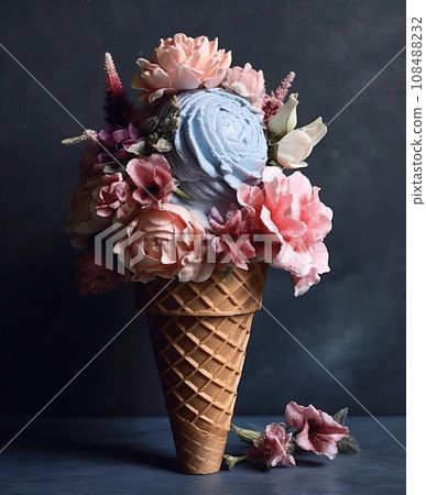Ice cream with flowers, flower ice cream in a waffle cup. Ice cream with flowers, flower ice cream in a waffle cup. 108488232