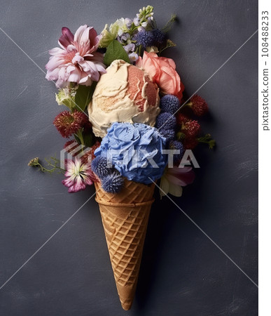 Ice cream with flowers, flower ice cream in a waffle cup. Ice cream with flowers, flower ice cream in a waffle cup. 108488233