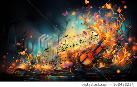 Abstract colorful musical background with notes, instruments. Abstract colorful musical background with notes, instruments. 108488234