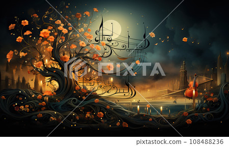 Abstract colorful musical background with notes, instruments. Abstract colorful musical background with notes, instruments. 108488236