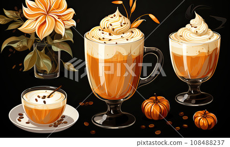 Autumn latte with pumpkin, spices on a dark background. Autumn latte with pumpkin, spices on a dark background. 108488237