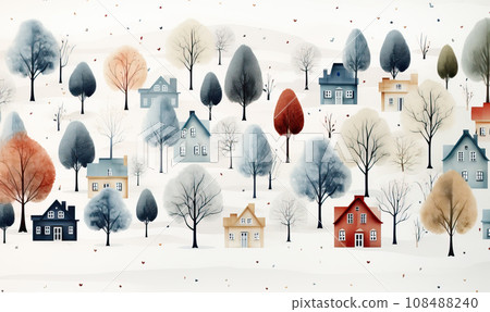 Colored houses, trees painted on a white background. Colored houses, trees painted on a white background. 108488240