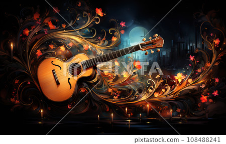 Abstract colorful musical background with notes, instruments. 108488241