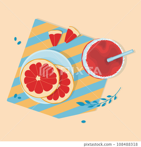 Sliced grapefruit on plate and grapefruit juice in glass jar with straw Sliced grapefruit on plate and grapefruit juice in glass jar with straw 108488318
