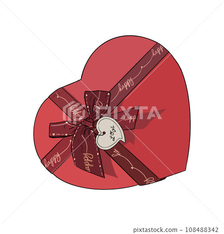Vector illustration of vintage red heart box with dark red ribbon bow and name card. Image for postcard or sweets or gift box for birthday present. To paper decoration logo sticker banner poster print 108488342