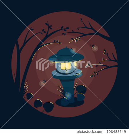 Japanese lantern with a fireflies in warm summer evening on a dark blue background 108488349