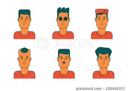 Young man with different hairstyles. Avatars set, vector flat illustration. 108488351