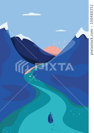 Poster with one person in canoe on a mountain river. Sunrise in a mountains. 108488352