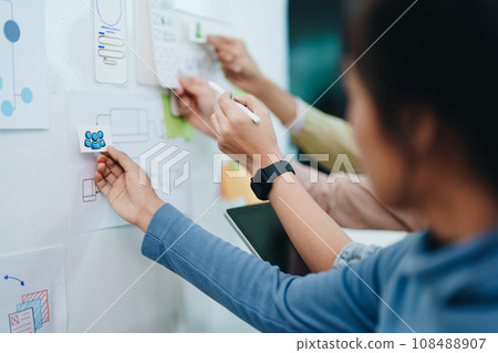 Team of Creative Web, Graphic Designer planning, drawing website ux ui app for mobile phone application and development template layout, process to developing prototype wireframe Team of Creative Web, Graphic Designer planning, drawing website ux ui app for mobile phone application and development template layout, process to developing prototype wireframe 108488907