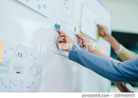 Team of Creative Web, Graphic Designer planning for mobile phone, drawing website ux ui app for mobile phone application and development template layout, process to developing prototype wireframe 108488993