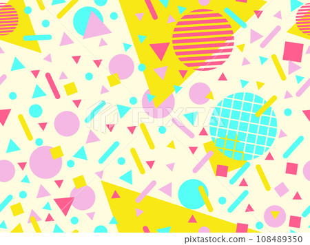 Geometric seamless pattern with memphis elements in 80s style. Colorful geometric pattern. Design of promotional products, wrapping paper and printing. Vector illustration Geometric seamless pattern with memphis elements in 80s style. Colorful geometric pattern. Design of promotional products, wrapping paper and printing. Vector illustration 108489350