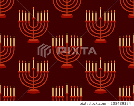 Hanukkah seamless pattern with Menorah with nine candles on red background. Lighted Hanukkah candles. Design of greeting cards, banners and promotional products. Vector illustration 108489354