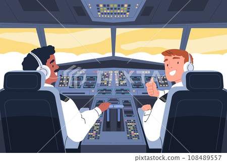 Airplane cockpit. Aviation crew inside aircraft cabin, pilot and plane captain control monitoring flight navigation panel, two aviators on chair in jet 108489557