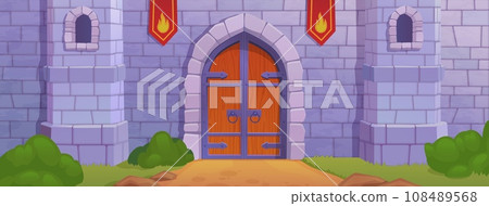 Cartoon castle entrance. Medieval citadel dungeon entry, old palace gate stone wall texture wooden door, royal fort prison building game background ingenious vector illustration 108489568