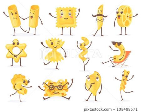Cartoon pasta characters. Happy spaghetti mascot, cute italian wheat food macaroni doodle character, funny fettuccine noodle nutrition 108489571