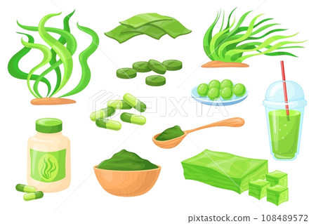 Spirulina. Seaweed food for wellness, algae plant smoothies powder pills green detox smoothie drink, diet superfood chlorella alga natural medicinal foods, neat vector illustration Spirulina. Seaweed food for wellness, algae plant smoothies powder pills green detox smoothie drink, diet superfood chlorella alga natural medicinal foods, neat vector illustration 108489572