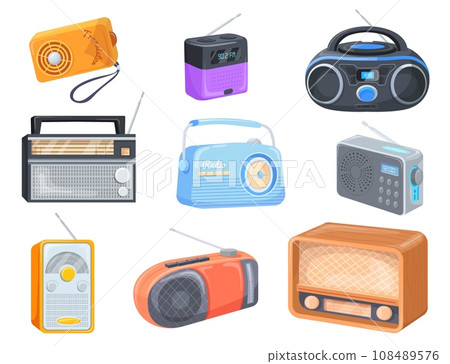 Cartoon radio receiver. Retro modern radios tuners with antenna for listening music or news channel on fm frequency, stereo audio broadcast communication neat vector illustration Cartoon radio receiver. Retro modern radios tuners with antenna for listening music or news channel on fm frequency, stereo audio broadcast communication neat vector illustration 108489576