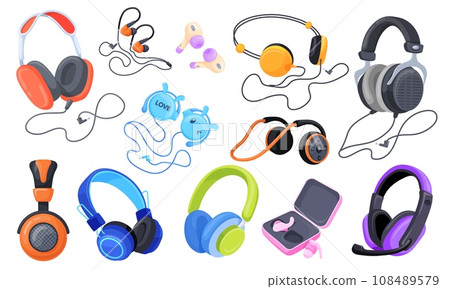 Cartoon earbuds. Wireless modern earphone or wired dj headphone, funky earbuds with mic for listening radio stereo music gadget electronics device 108489579