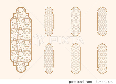 Islamic window shape with mashrabiya pattern. Arabic door frame. Islamic arhitecture elements of window and door and mashrabiya pattern. 108489580