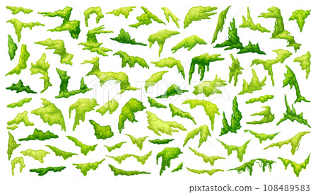 Swamp moss. Cartoon mosses, forest lichen for wood surface jungle vegetation shapes texture trees marsh fungus green plant set isolated lichens game ui neoteric vector illustration Swamp moss. Cartoon mosses, forest lichen for wood surface jungle vegetation shapes texture trees marsh fungus green plant set isolated lichens game ui neoteric vector illustration 108489583