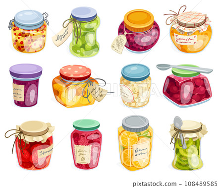 Cartoon homemade jams. Berries jam jars preserve marmalade bread toast breakfast, various stew fruit jelly gourmet dessert seasonal conserve meal, neoteric set vector illustration 108489585