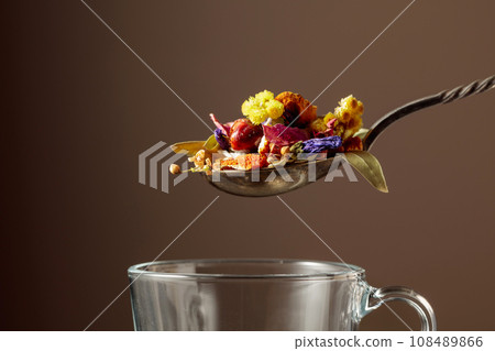 Mix of various dried medicinal plants and herbs for herbal tea. 108489866