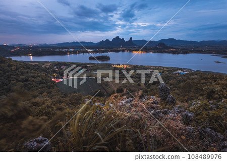 Landscape of mountain and lake in sunset at Phu Sub Lek Reservoir viewpoint Lopburi Thailand 108489976