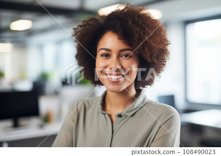 Portrait of a smiling young African-American woman in the office. AI Generated. 108490023