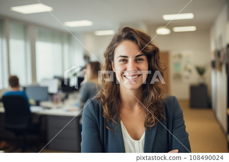 Portrait of a smiling young caucasian woman in the office. AI Generated. 108490024