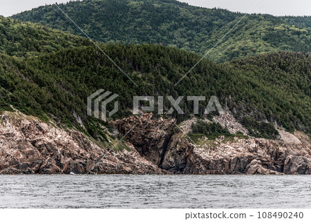A panoramic view of the Cape Breton Island Coast line cliff scenic Cabot Trail route, Nova Scotia Hghlands Canada 108490240