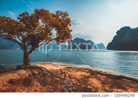 Landscape of mountain and water in Ratchaprapha Dam at Khao Sok National Park Surat Thani Thailand 108490299