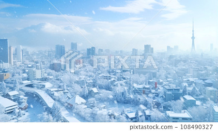 Winter city, snowy city landscape, AI generated image 108490327