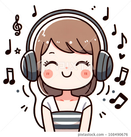 戴著耳機聽音樂的女孩，簡單可愛的插圖，AI 生成的圖像 108490676
