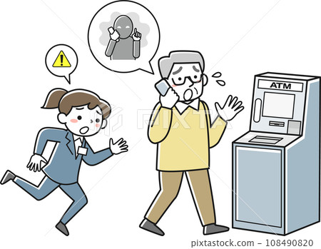 一名老人一邊打電話一邊走向自動櫃員機，一名銀行員工朝他跑來。 108490820