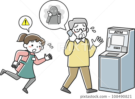 A senior man heads to the ATM while on the phone, and a convenience store clerk runs towards him. A senior man heads to the ATM while on the phone, and a convenience store clerk runs towards him. 108490821