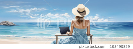 Rear view of young woman, female freelancer in straw hat working on laptop, while sitting on the tropical sandy beach 108490839