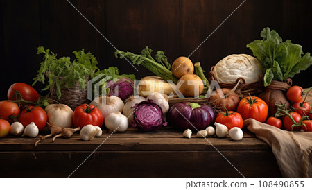 Fresh raw vegetable ingredients for healthy cooking or salad making with rustic wood board in center, top view, copy space. Fresh raw vegetable ingredients for healthy cooking or salad making with rustic wood board in center, top view, copy space. 108490855