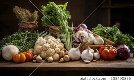 Fresh raw vegetable ingredients for healthy cooking or salad making with rustic wood board in center, top view, copy space. Fresh raw vegetable ingredients for healthy cooking or salad making with rustic wood board in center, top view, copy space. 108490856