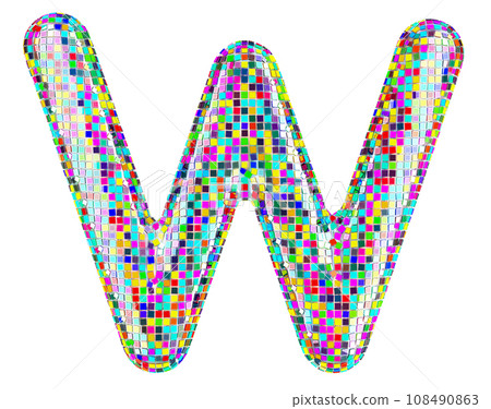 Mosaic font, letter W from vivid mosaic pieces. 3D rendering Mosaic font, letter W from vivid mosaic pieces. 3D rendering 108490863