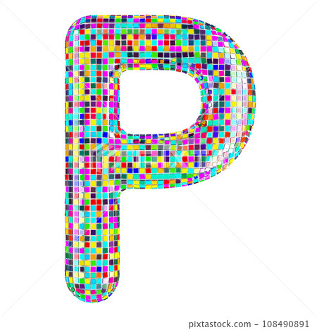 Mosaic font, letter P from vivid mosaic pieces. 3D rendering 108490891
