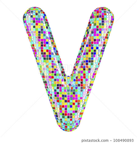 Mosaic font, letter V from vivid mosaic pieces. 3D rendering Mosaic font, letter V from vivid mosaic pieces. 3D rendering 108490893