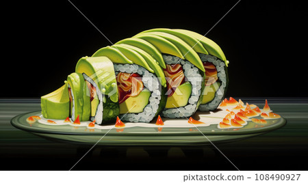 japanese sushi food. Maki ands rolls with tuna, salmon, shrimp, crab and avocado. Rainbow sushi roll, uramaki, hosomaki and nigiri 108490927